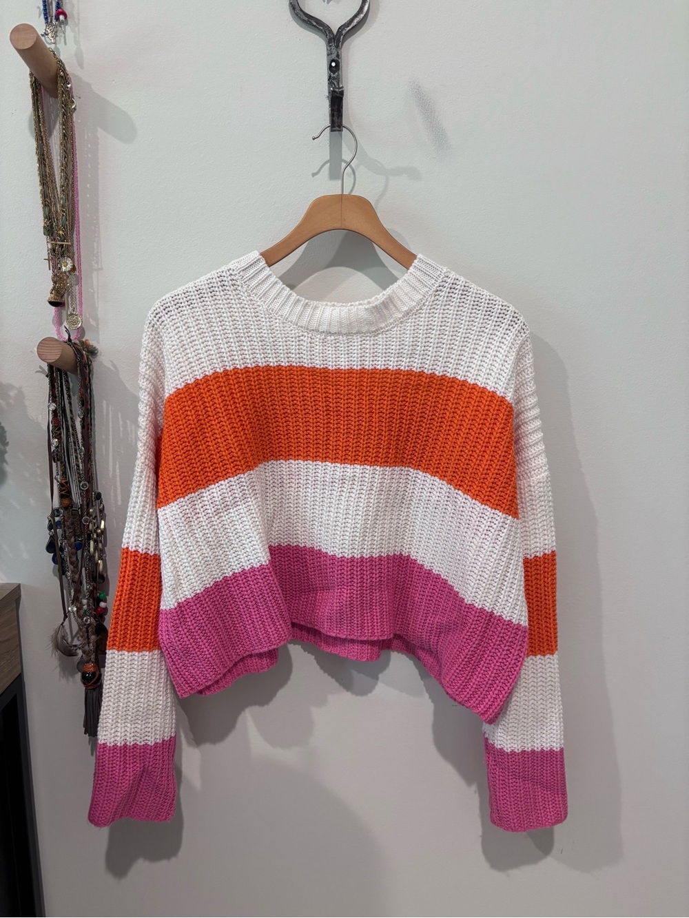 Women's White, Orange & Pink Striped Sweater